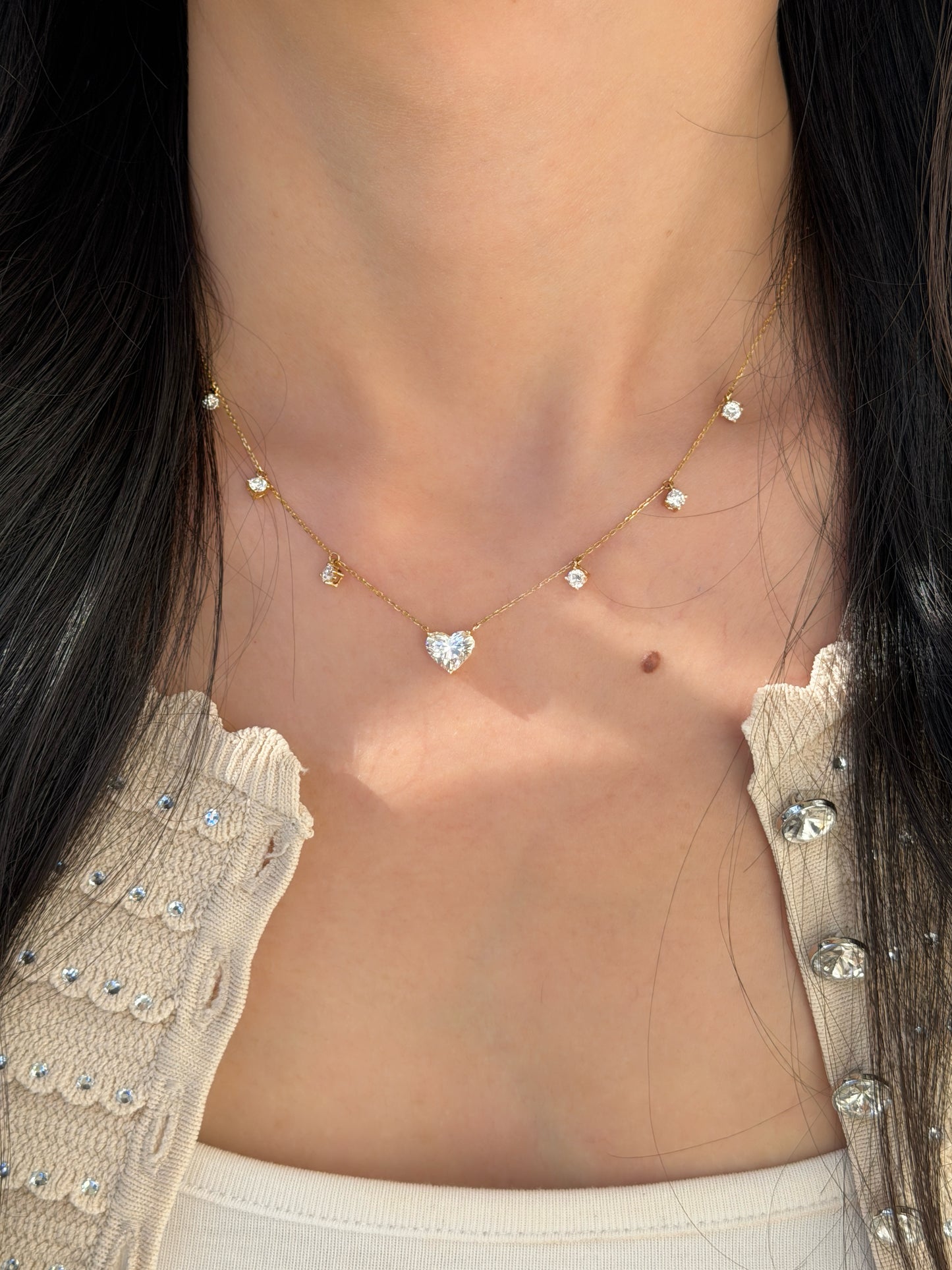 1.52ct Heart Diamond Station Necklace Fantasilvia Jewelry