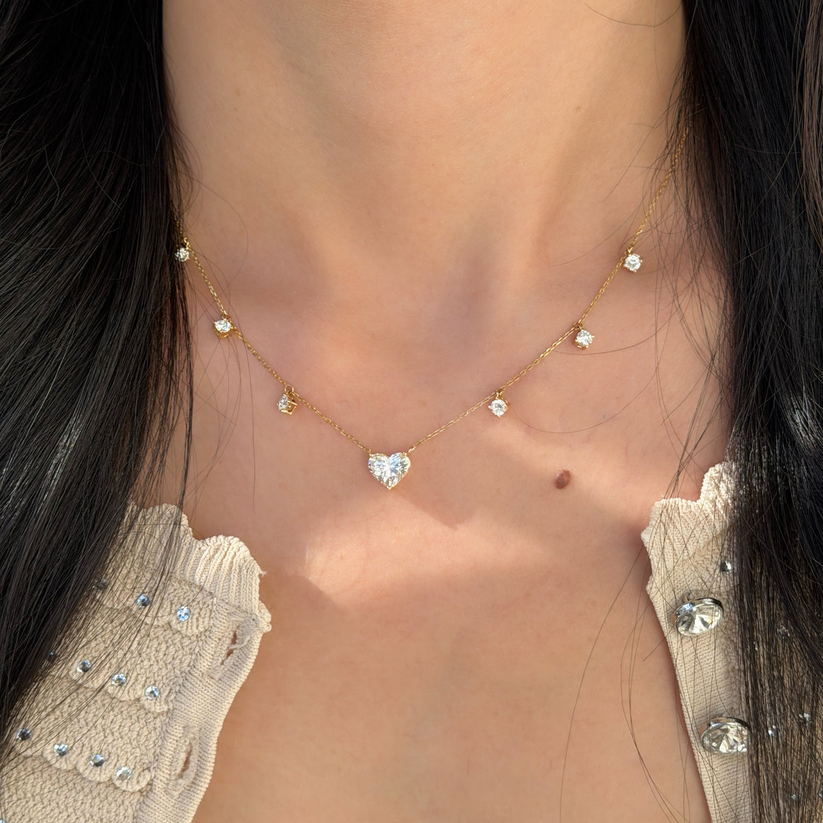 1.52ct Heart Diamond Station Necklace Fantasilvia Jewelry
