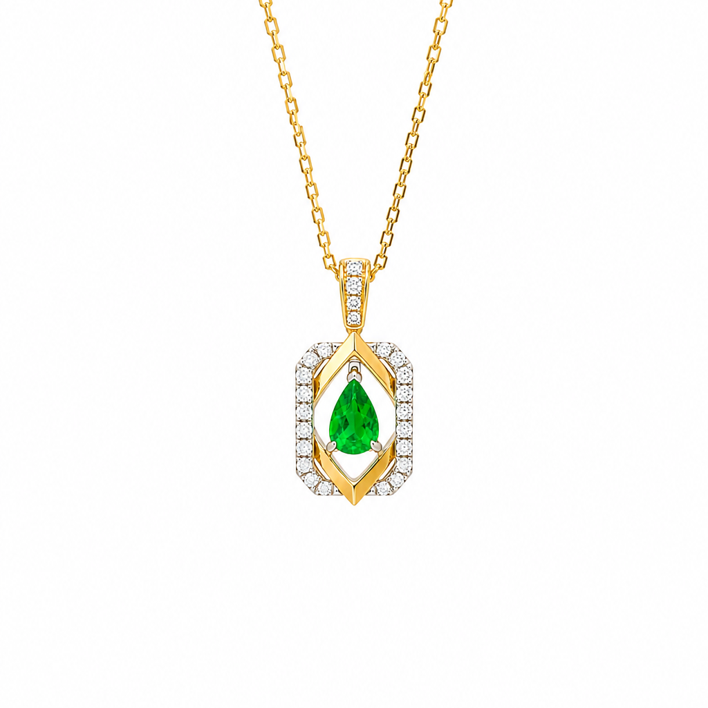 18K Gold Nested Rhombus Emerald & Diamond Pendant Fantasilvia Jewelry