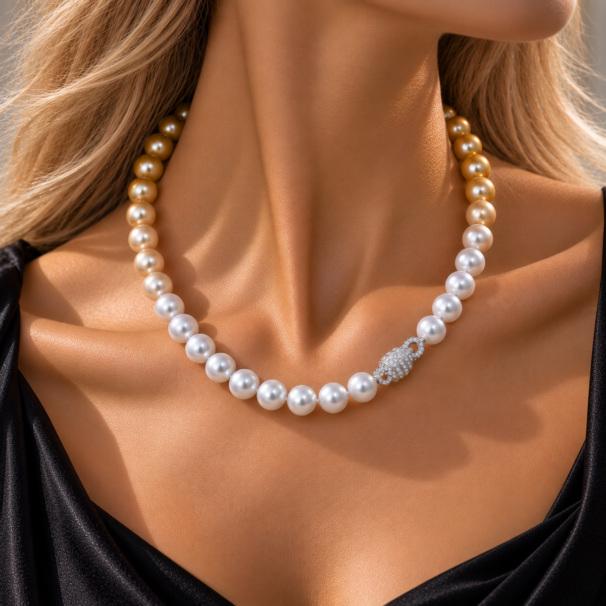 Gradient South Sea pearl necklace featuring top-grade white and golden pearls with exceptional luster, near-round shapes, and a seamless natural ombré transition from white to rich golden tones.