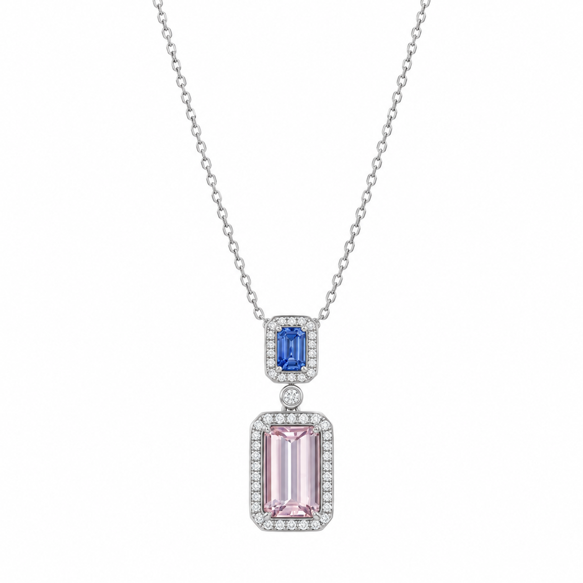 18K white gold pendant necklace featuring an emerald-cut natural blue sapphire and a 3.00 carat natural pink morganite, both surrounded by colorless diamond halos.