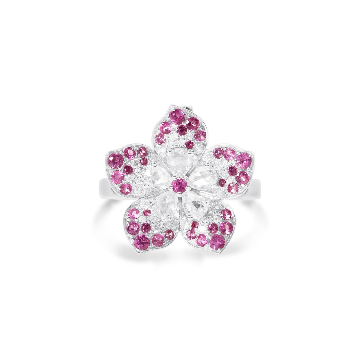 Floral pink sapphire and natural diamond pendant ring crafted in gold by Fantasilvia Fine Jewelry.