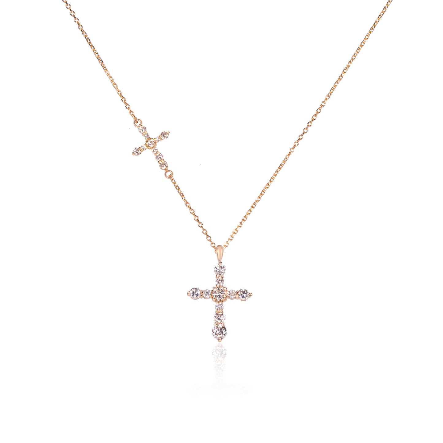 Double cross necklace with natural diamonds in fine gold by Fantasilvia Fine Jewelry.