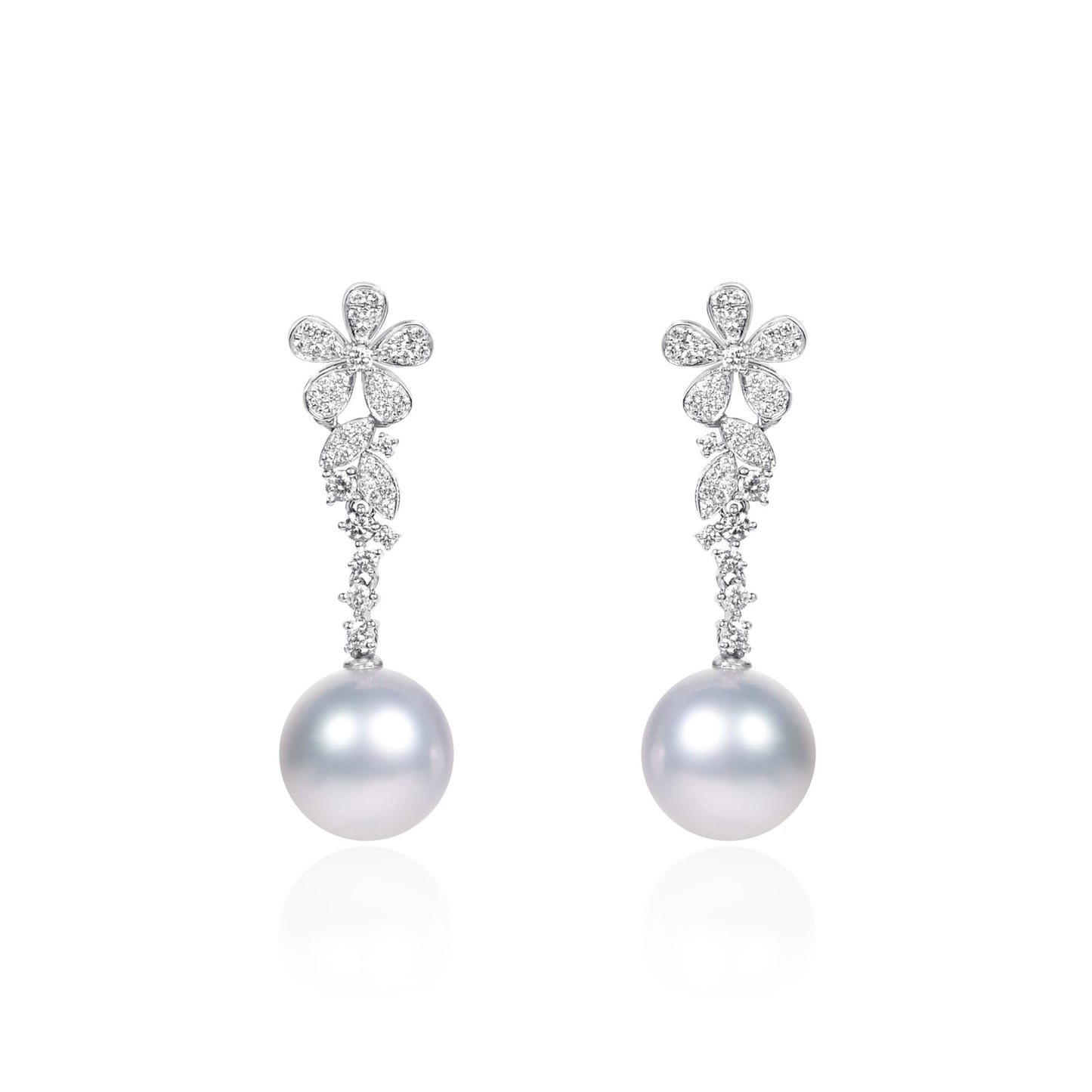 Australian white pearl floral diamond earrings in fine gold by Fantasilvia Fine Jewelry.