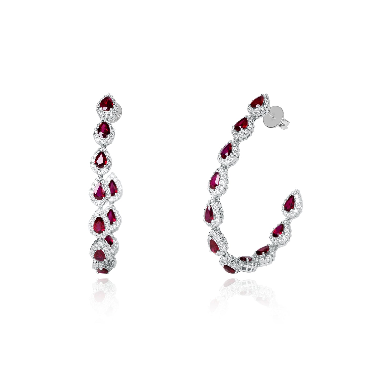 18K white gold hoop earrings with pear-shaped natural rubies and diamond halos.