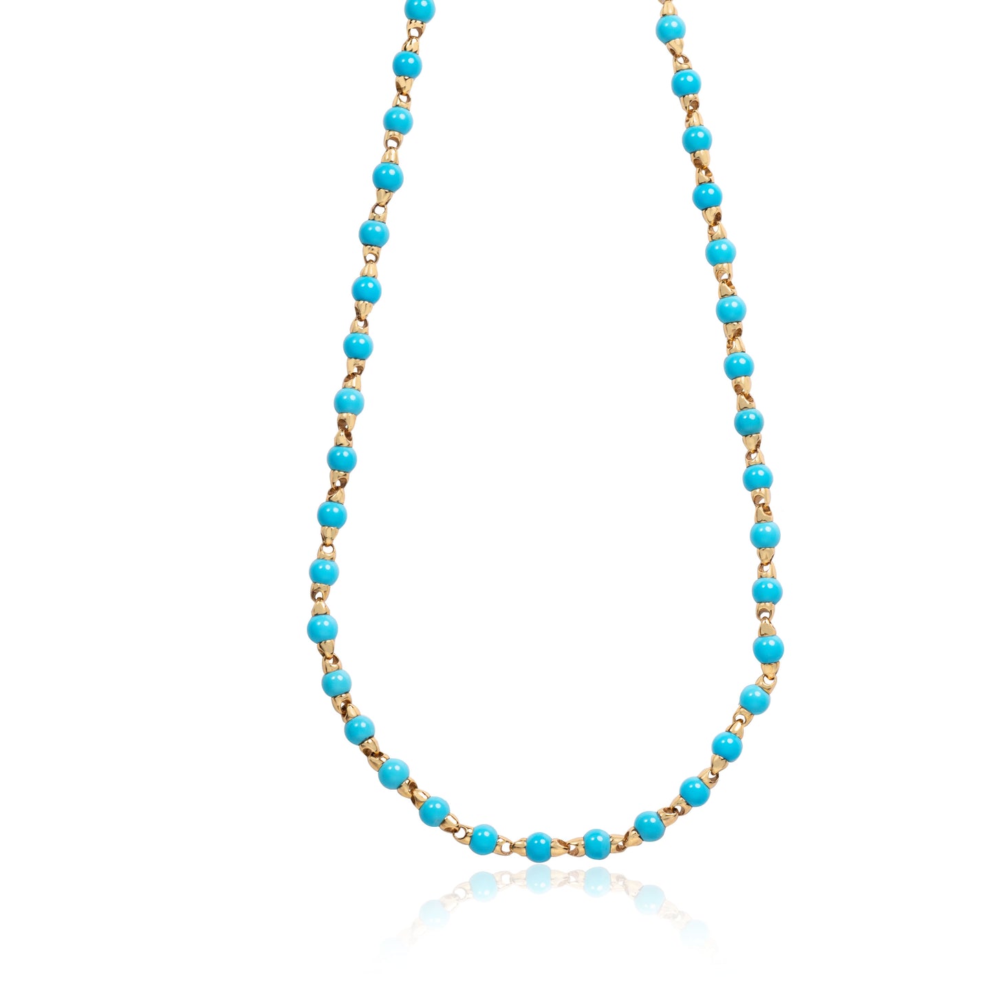 Natural turquoise beads necklace crafted in 18K yellow gold by Fantasilvia Fine Jewelry.