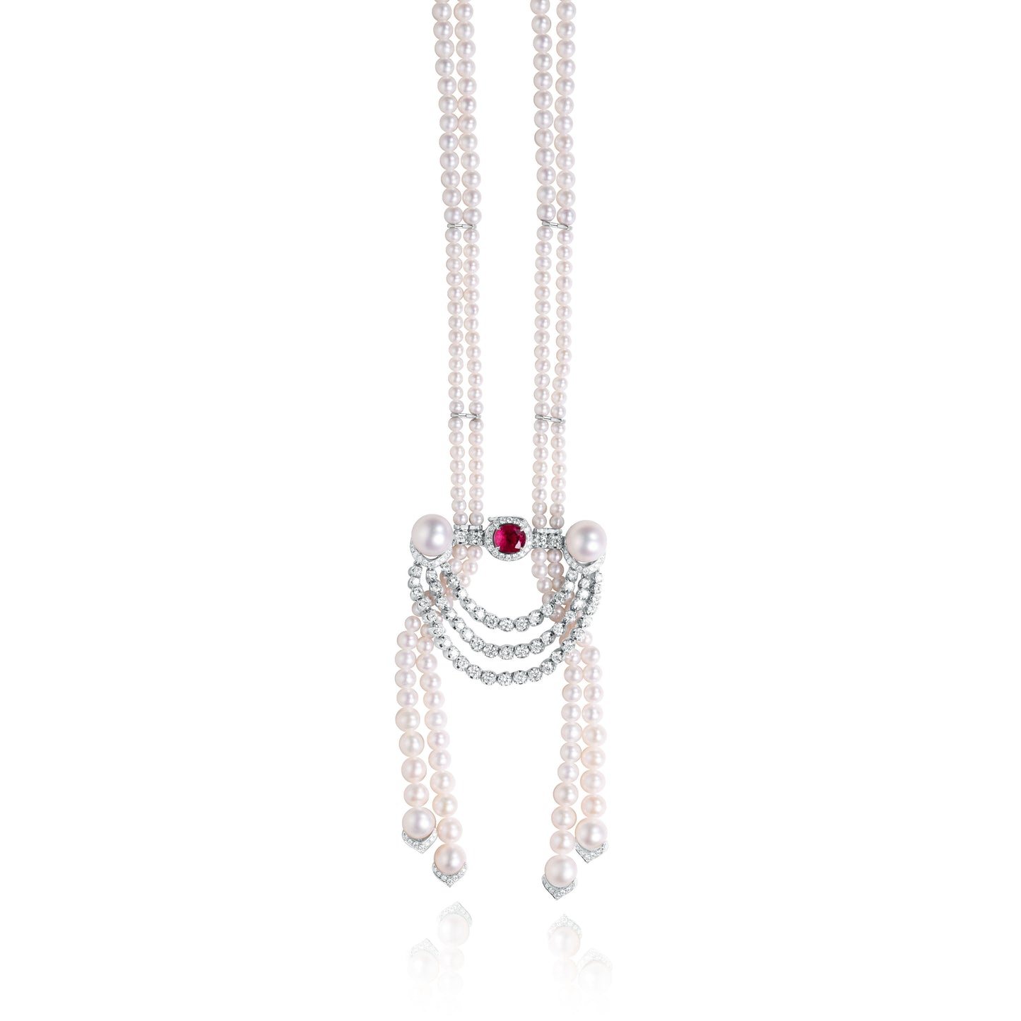 Art Deco multi-strand natural pearl necklace with ruby and diamond accents crafted by Fantasilvia Fine Jewelry