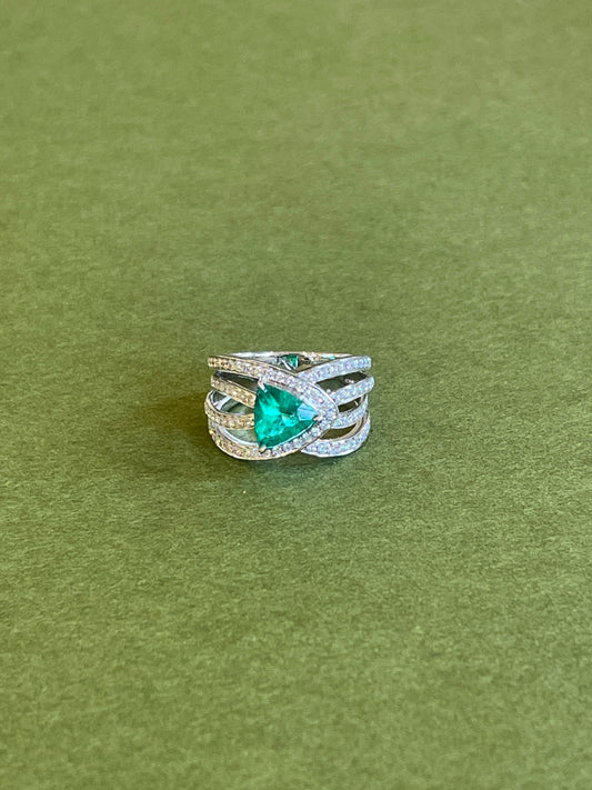 Trillion Cut Emerald Four Band Ring