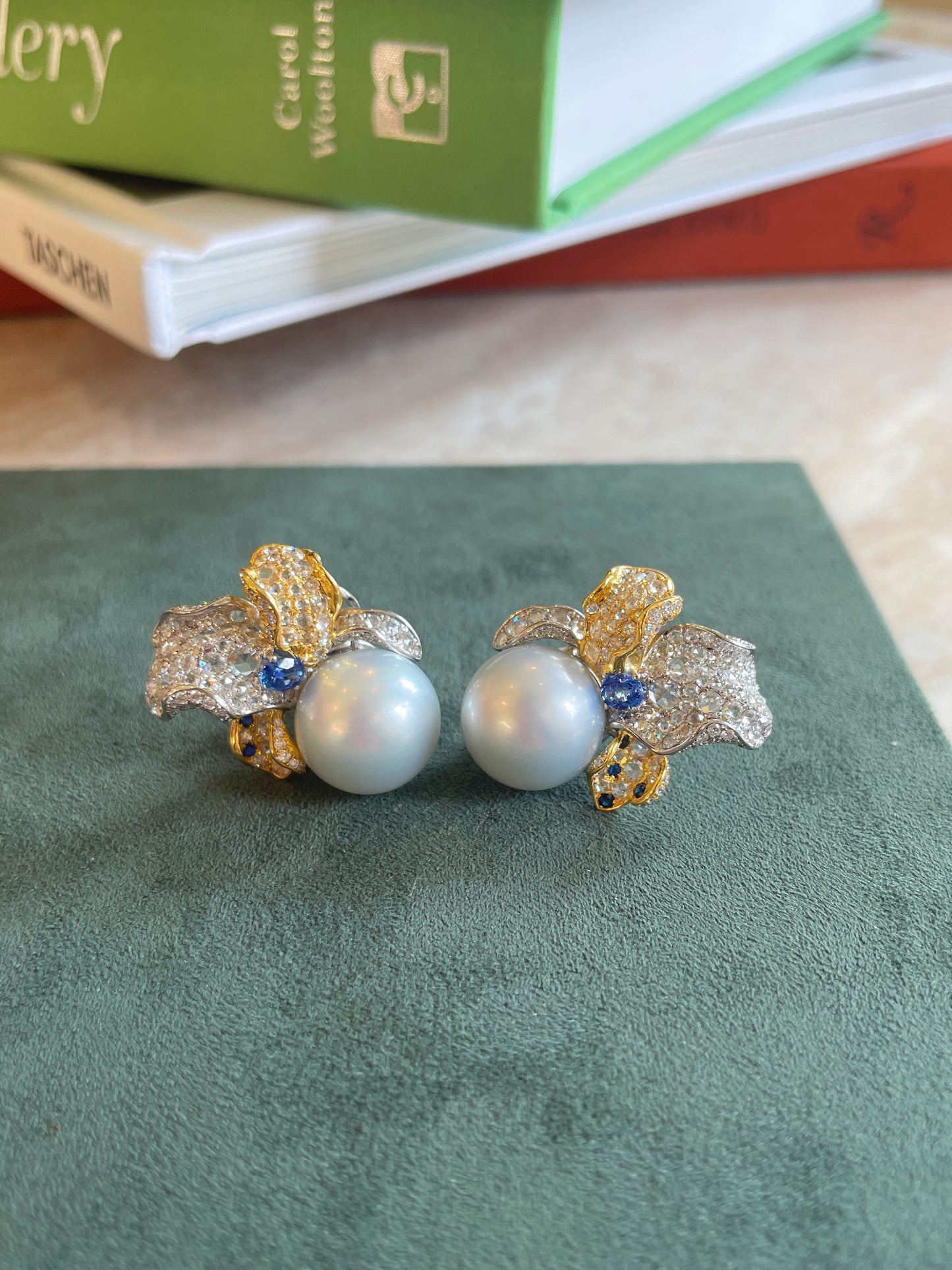 Pearl & Sapphire & Diamond Floral Stud Earrings