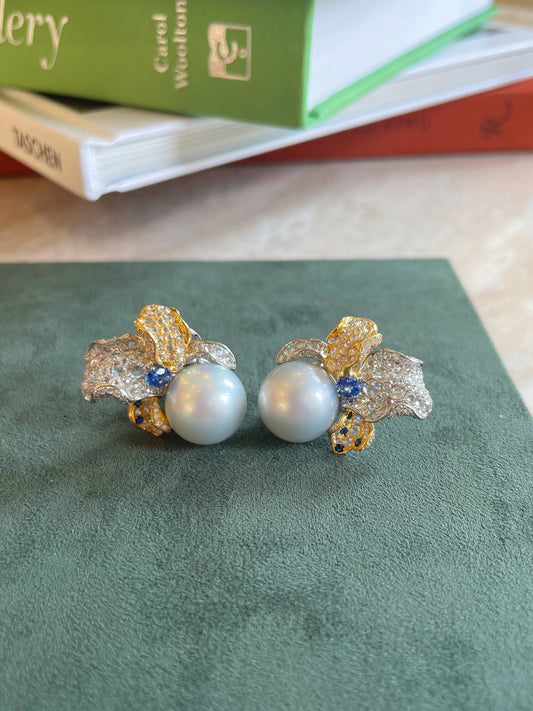 Pearl & Sapphire & Diamond Floral Stud Earrings