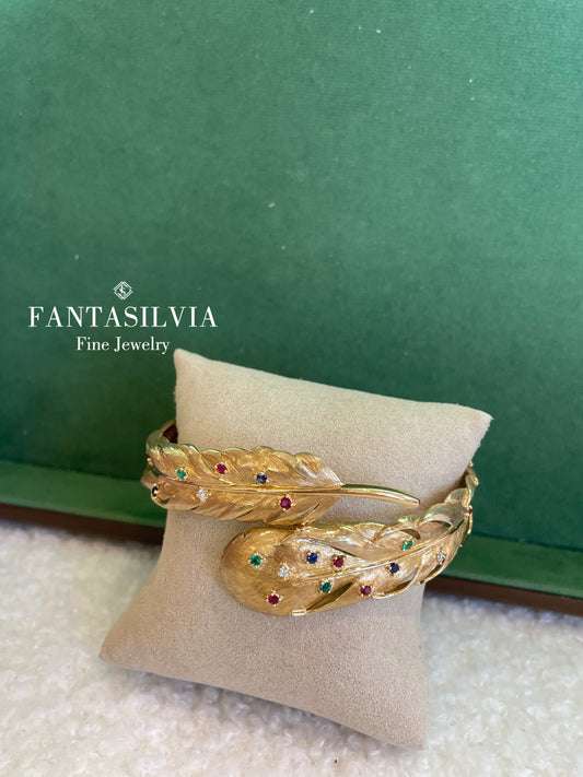18K Gold & Gemstones Feather Bangle