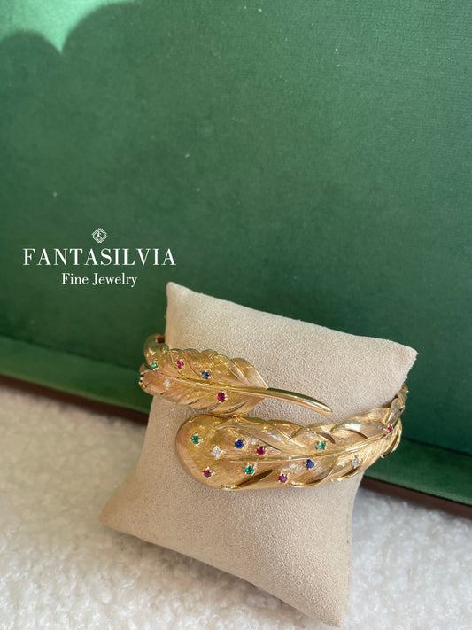 18K Gold & Gemstones Feather Bangle