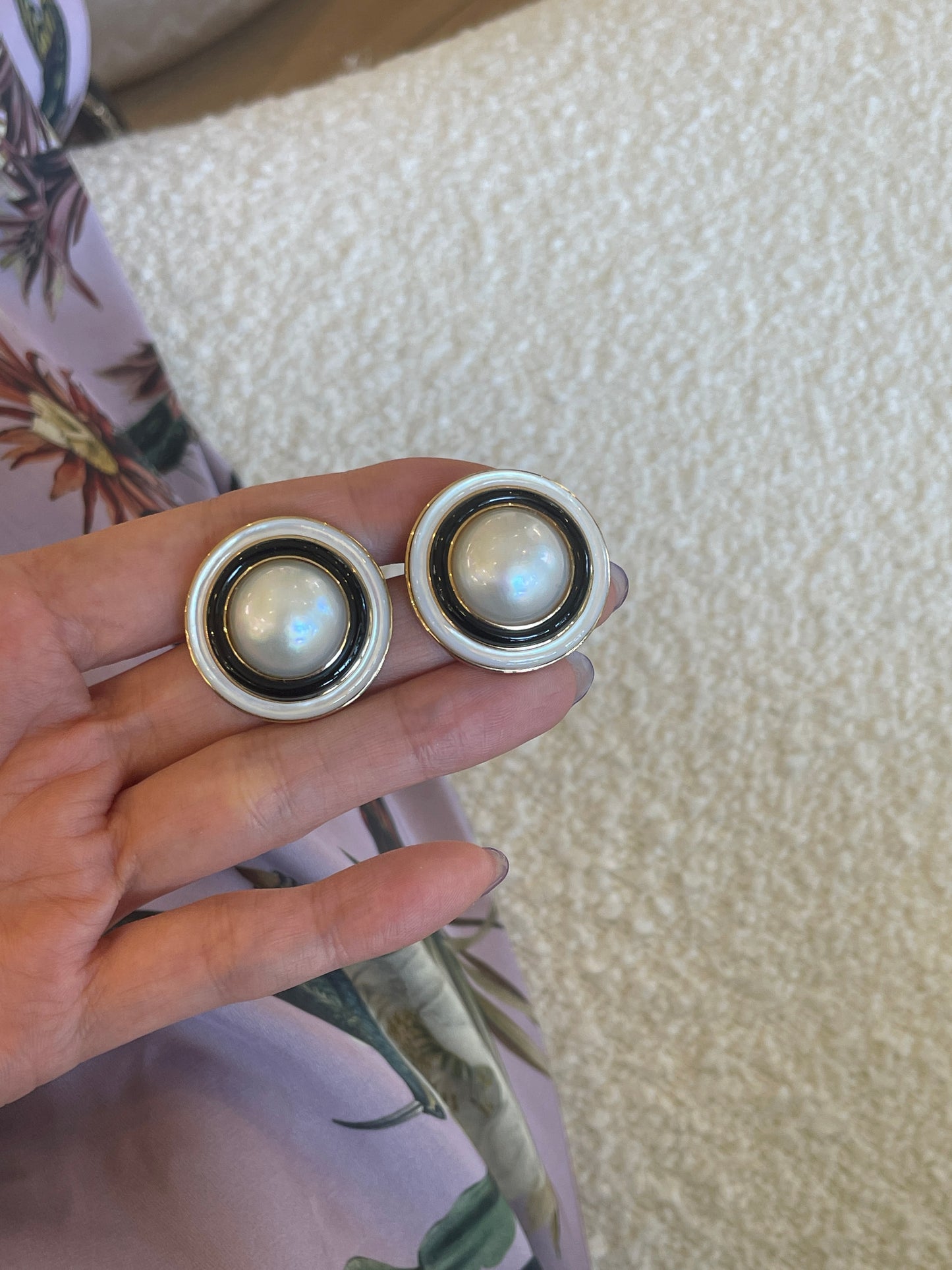 Mabe White Pearl Earrings with Black Onyx