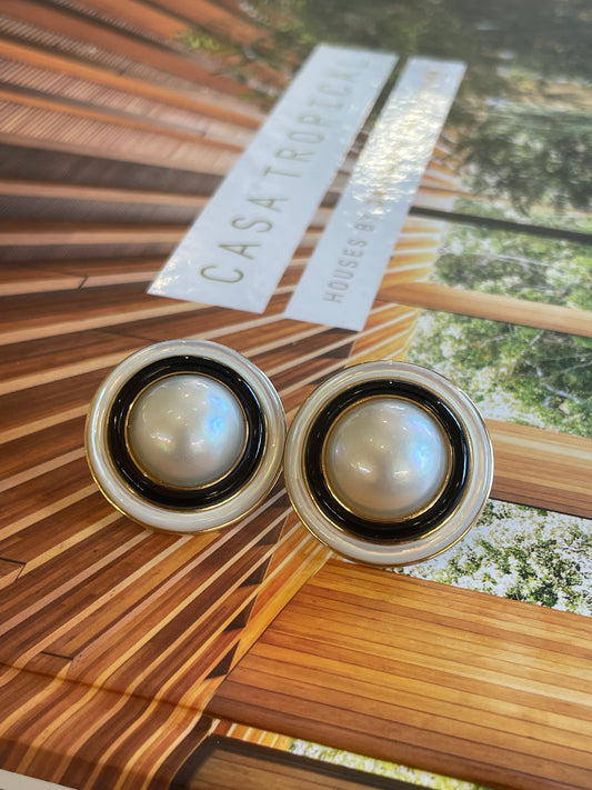 Mabe White Pearl Earrings with Black Onyx