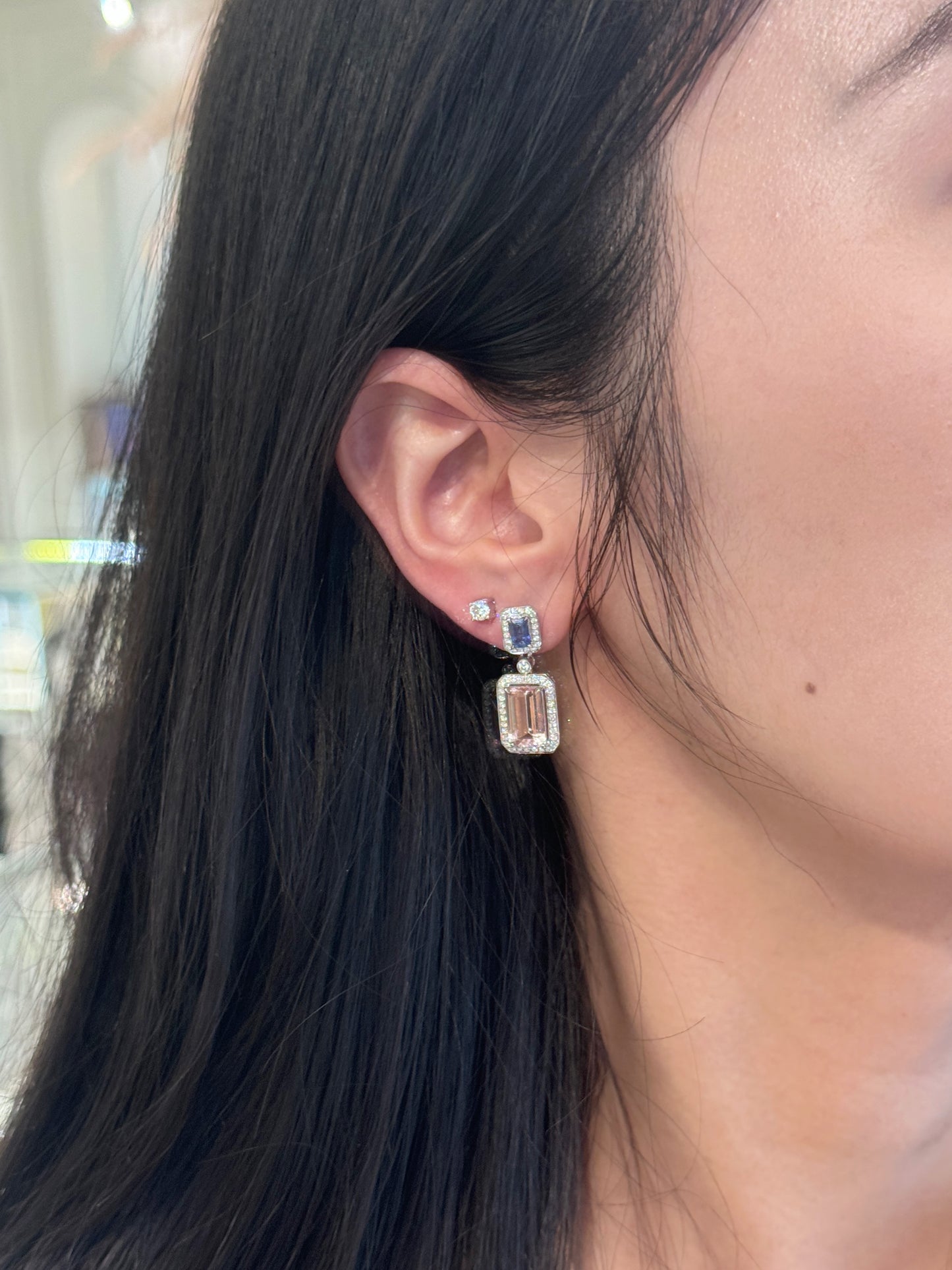 Boucles d'oreilles en morganite et saphir bleu