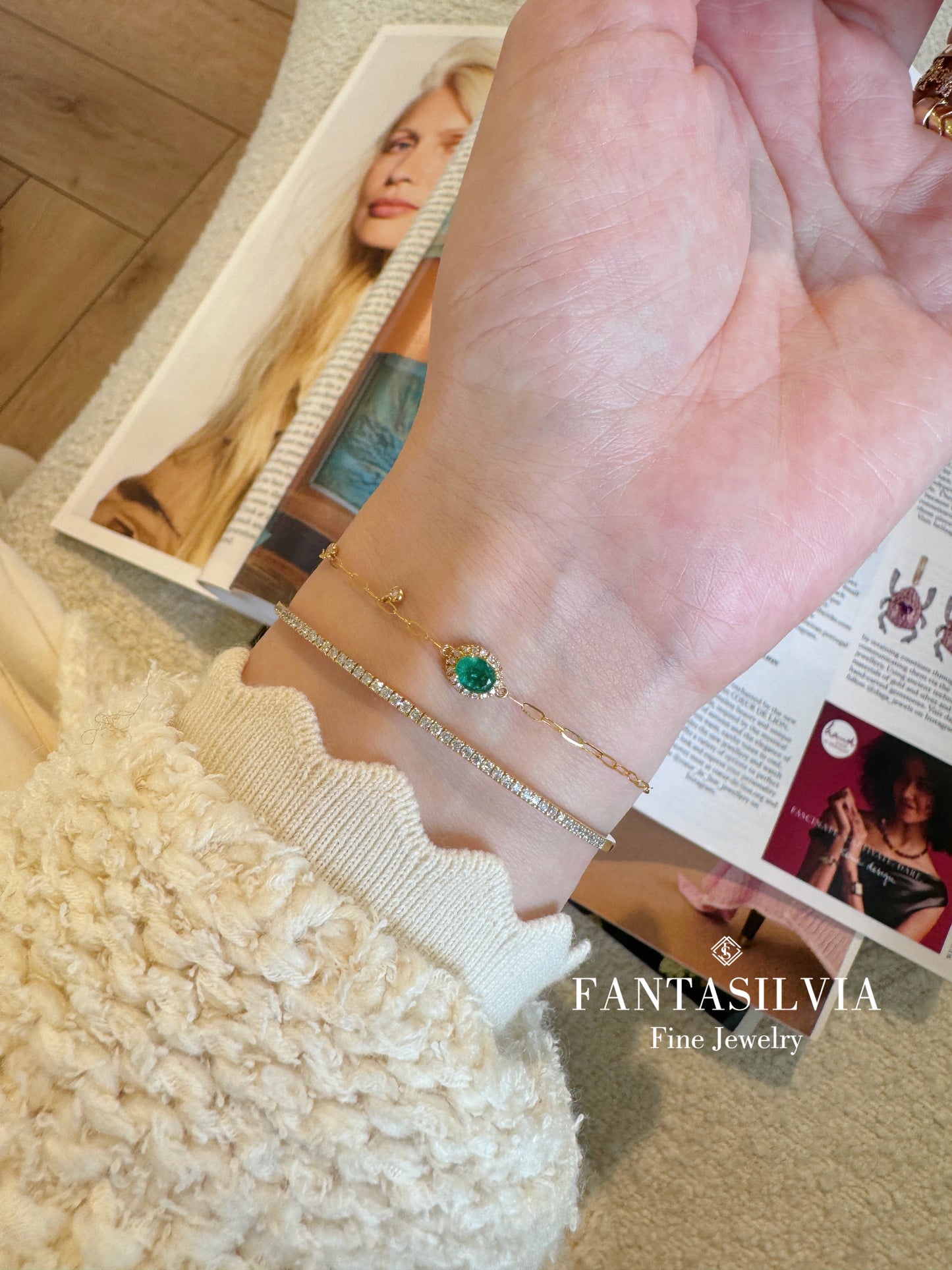 Natural Emerald & Diamond Paperclip Chain Bracelet