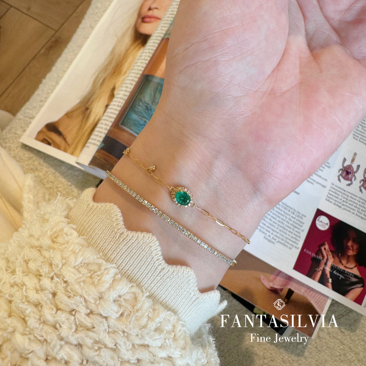 Natural Emerald & Diamond Paperclip Chain Bracelet Fantasilvia Jewelry