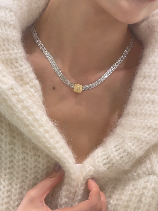18K Braided Herringbone Chain & Brushed Gold Diamond Knot