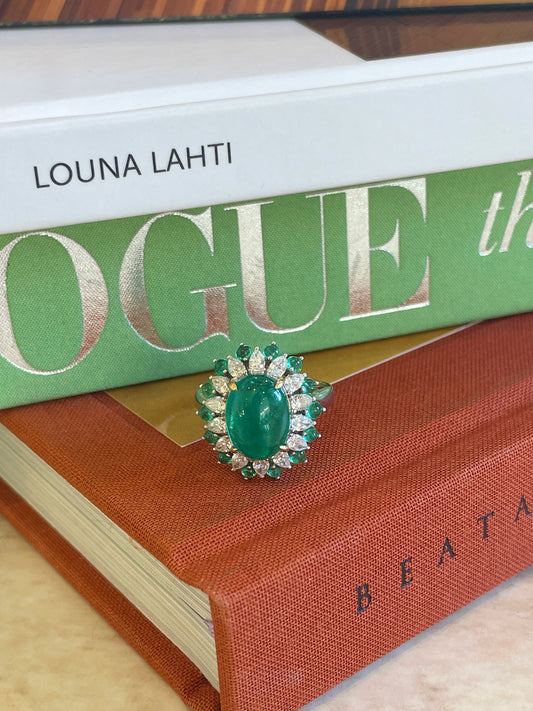 Cabochon Emerald & Pear Diamond Blossoming Ring