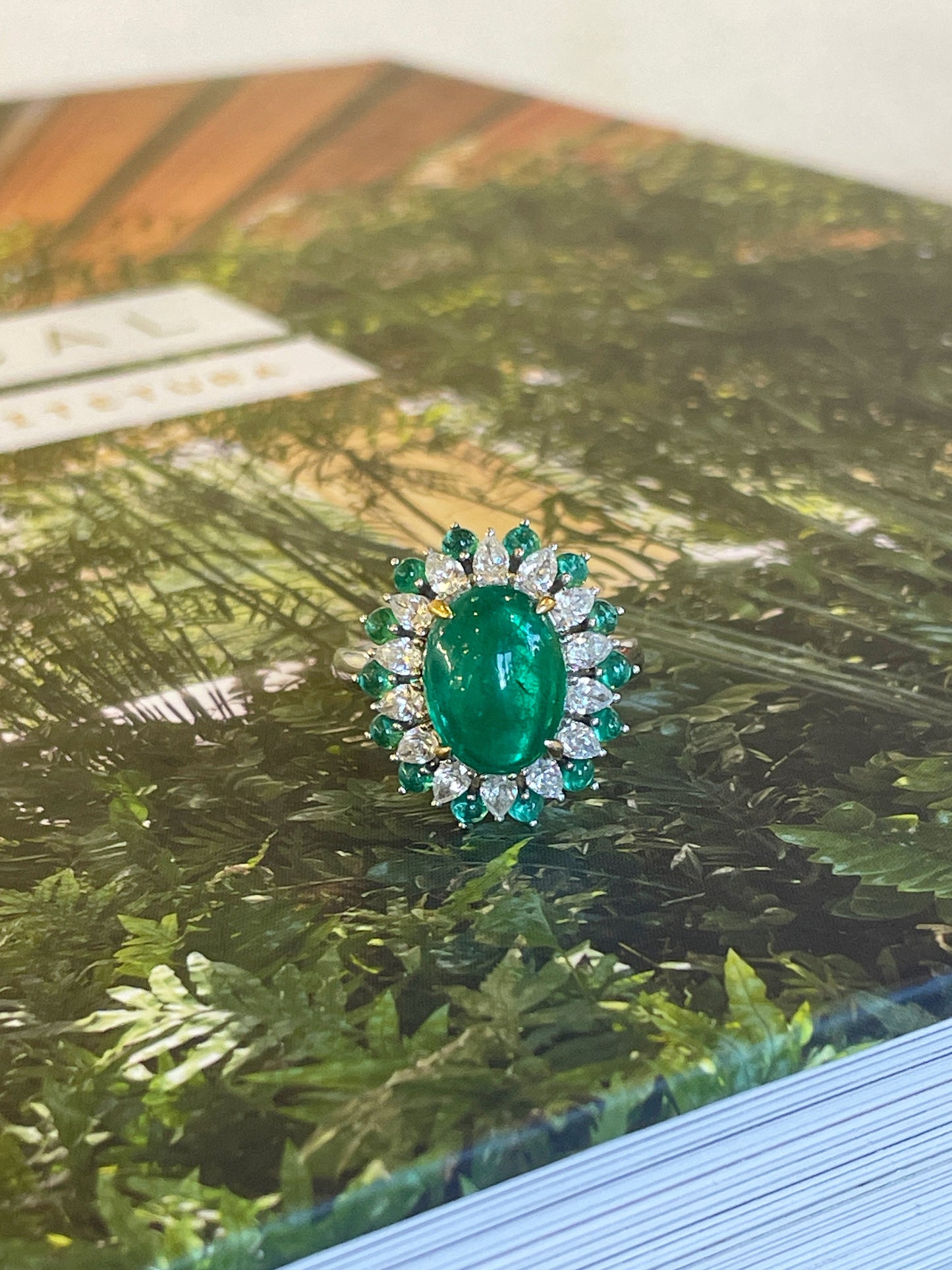 Cabochon Emerald & Pear Diamond Blossoming Ring