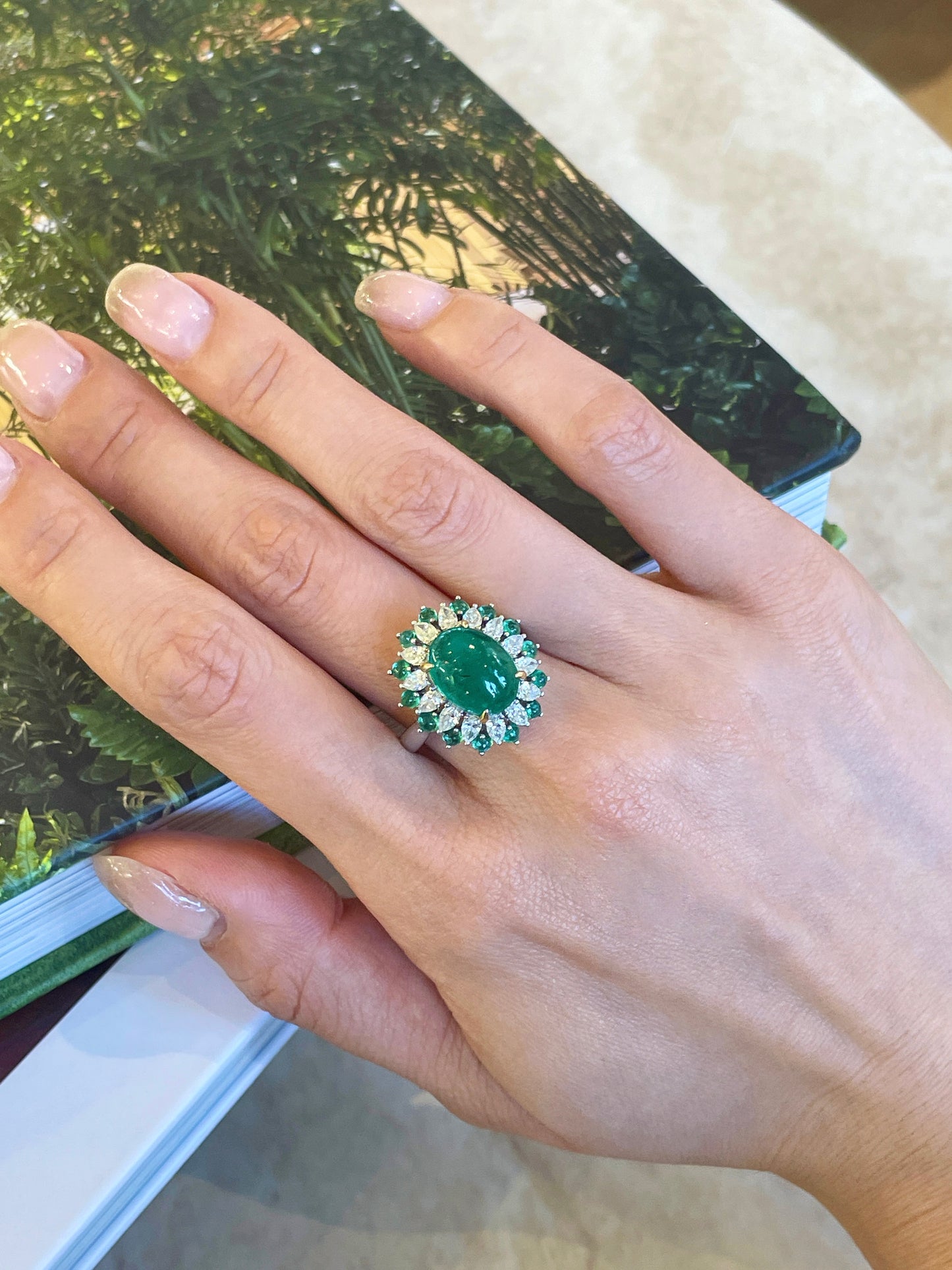Cabochon Emerald & Pear Diamond Blossoming Ring