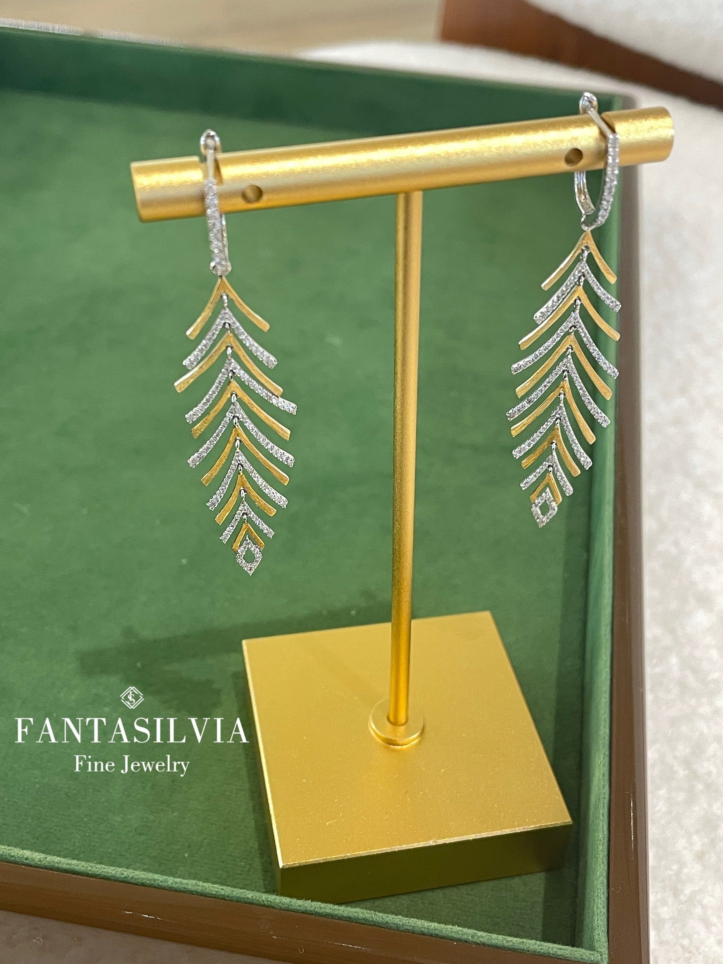 Pine Tree Diamond & Gold Drop Earrings