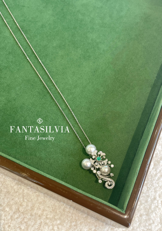 18K Wave Music Note Pearl Diamond Emerald Pendant