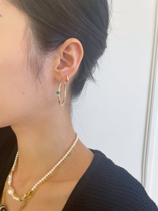 18K Gold Emerald 35mm Hoop Earrings
