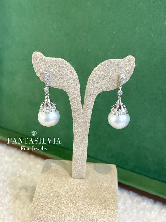 South Sea Pearl & Diamond Crown Dangle Earrings