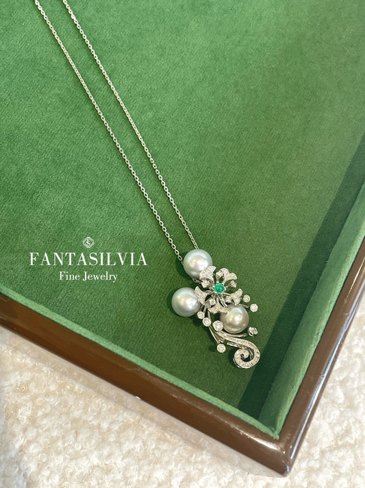 18K Wave Music Note Pearl Diamond Emerald Pendant