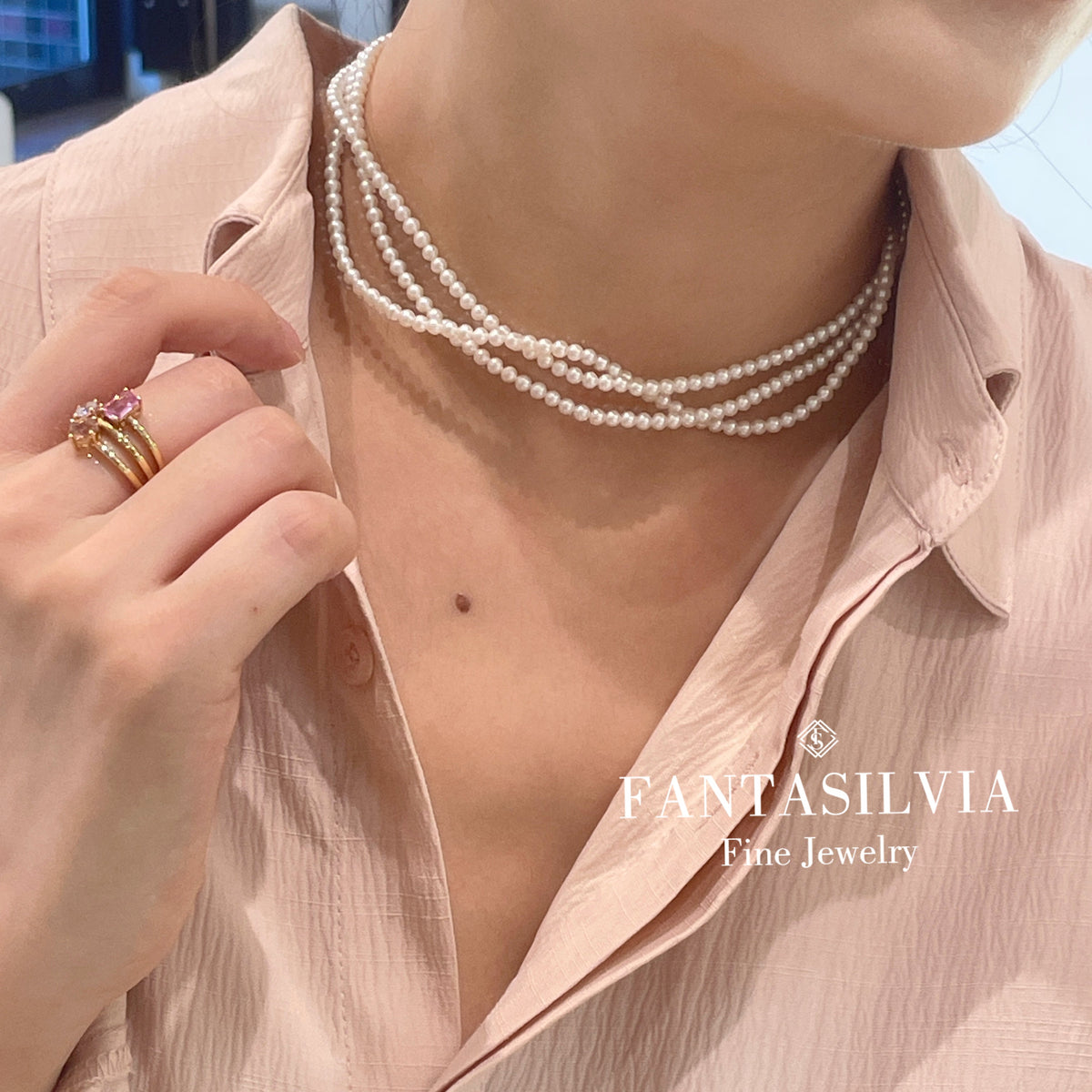Three-Layer Freshwater Pearl Strand Necklace Fantasilvia Jewelry