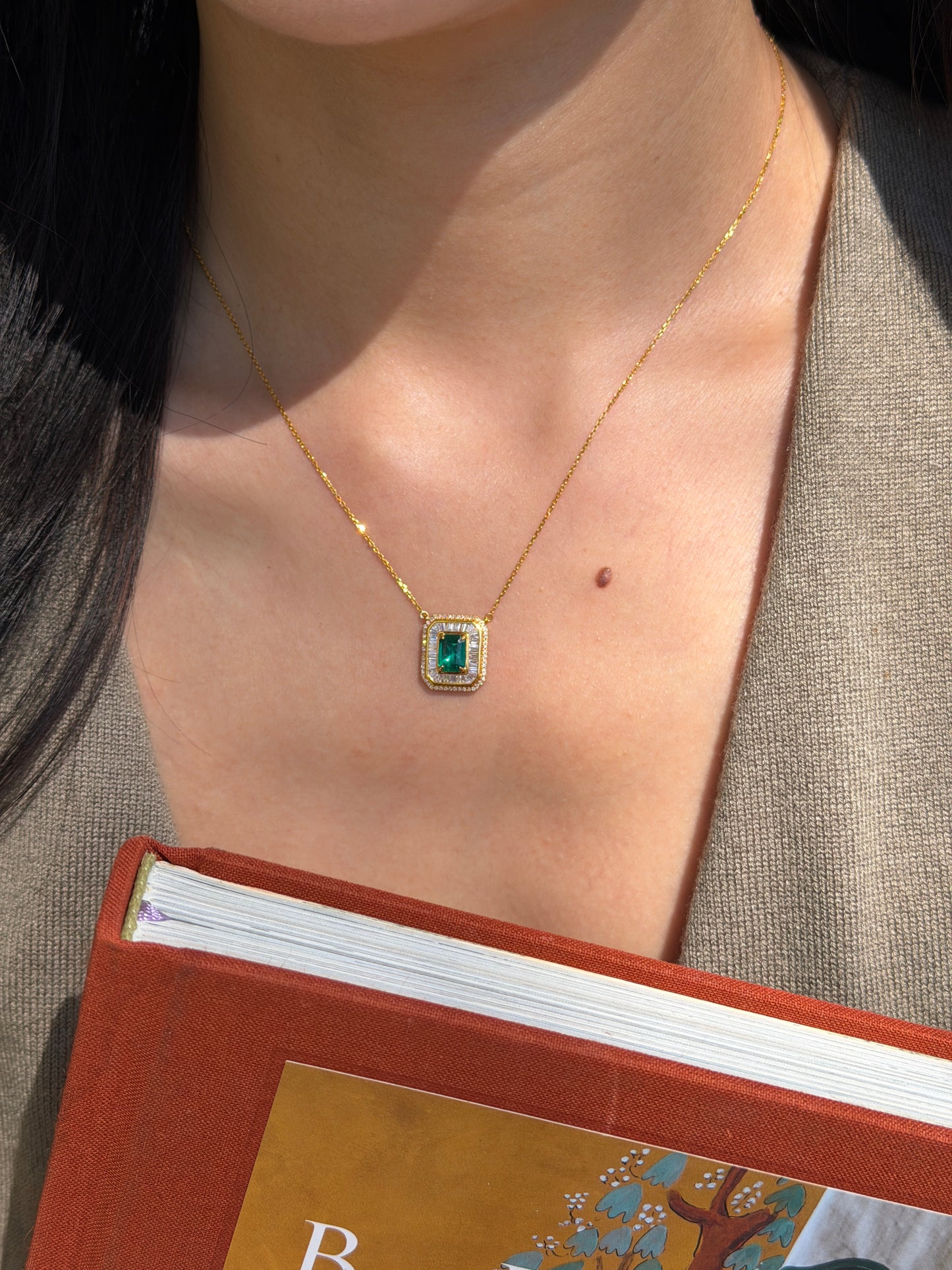 Art Deco Emerald & Baguette Diamond Halo Necklace Fantasilvia Jewelry