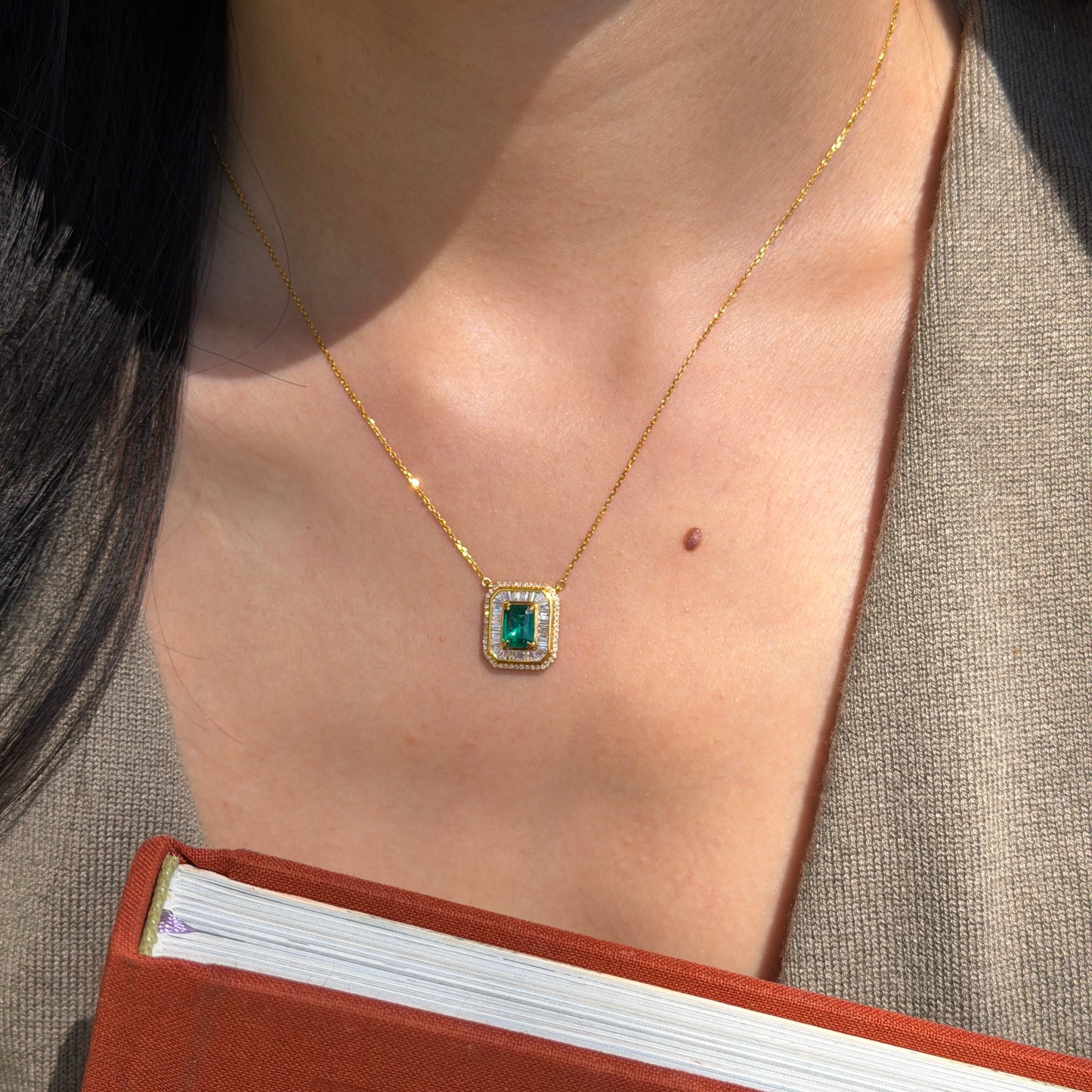 Art Deco Emerald & Baguette Diamond Halo Necklace Fantasilvia Jewelry