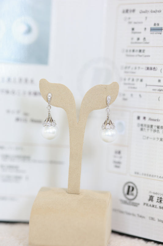 South Sea Pearl & Diamond Crown Dangle Earrings