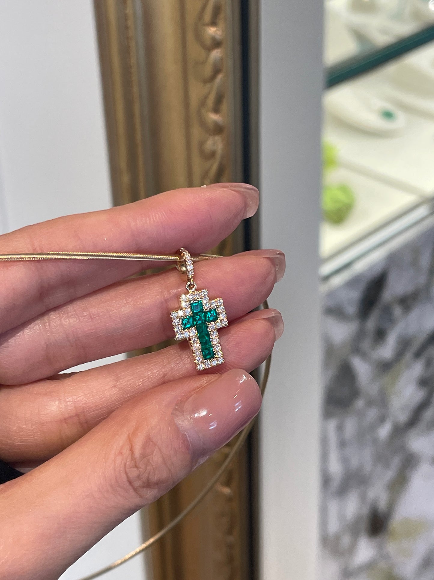Baguette Emerald & Diamond Cross Pendant