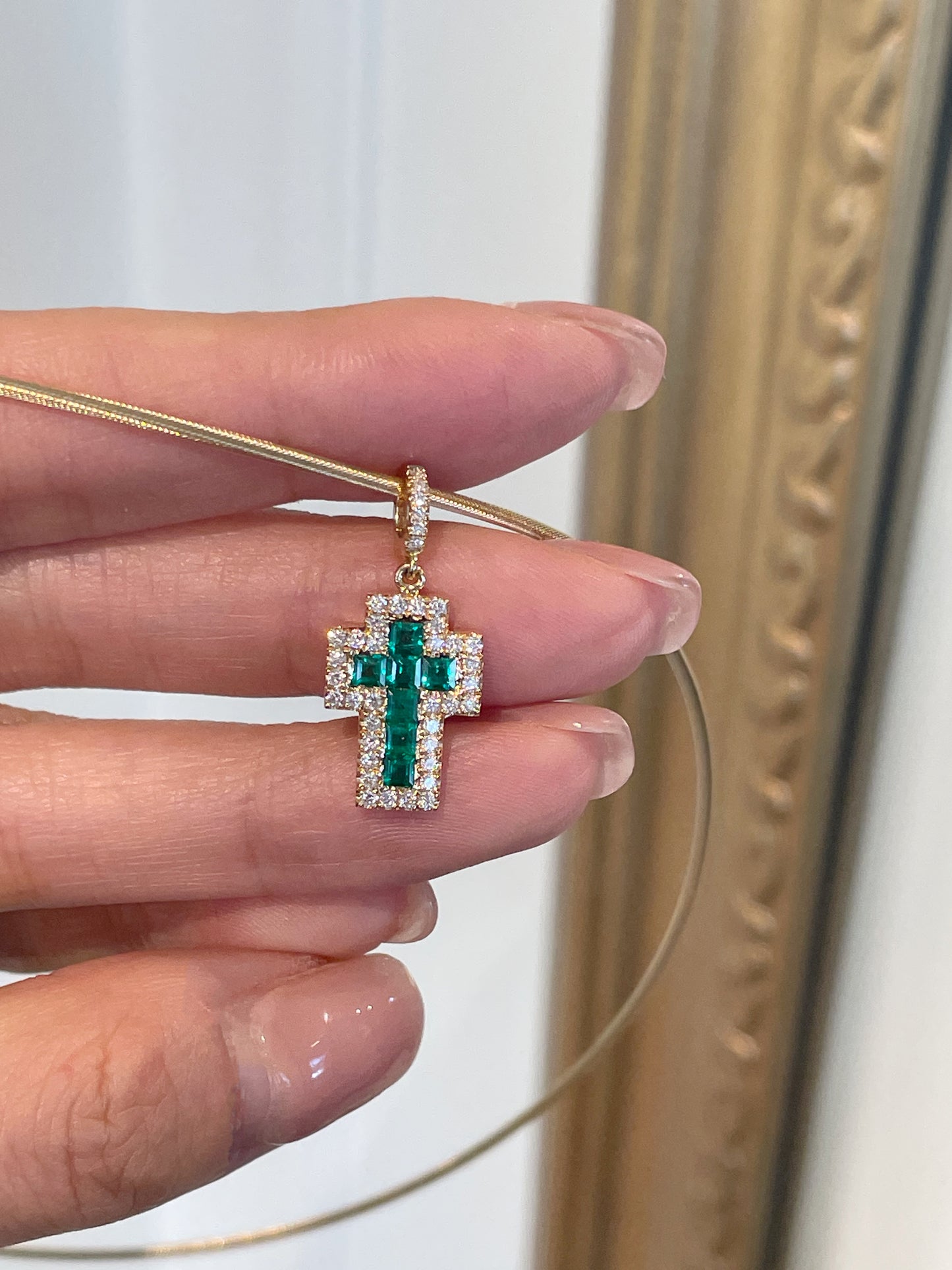 Baguette Emerald & Diamond Cross Pendant