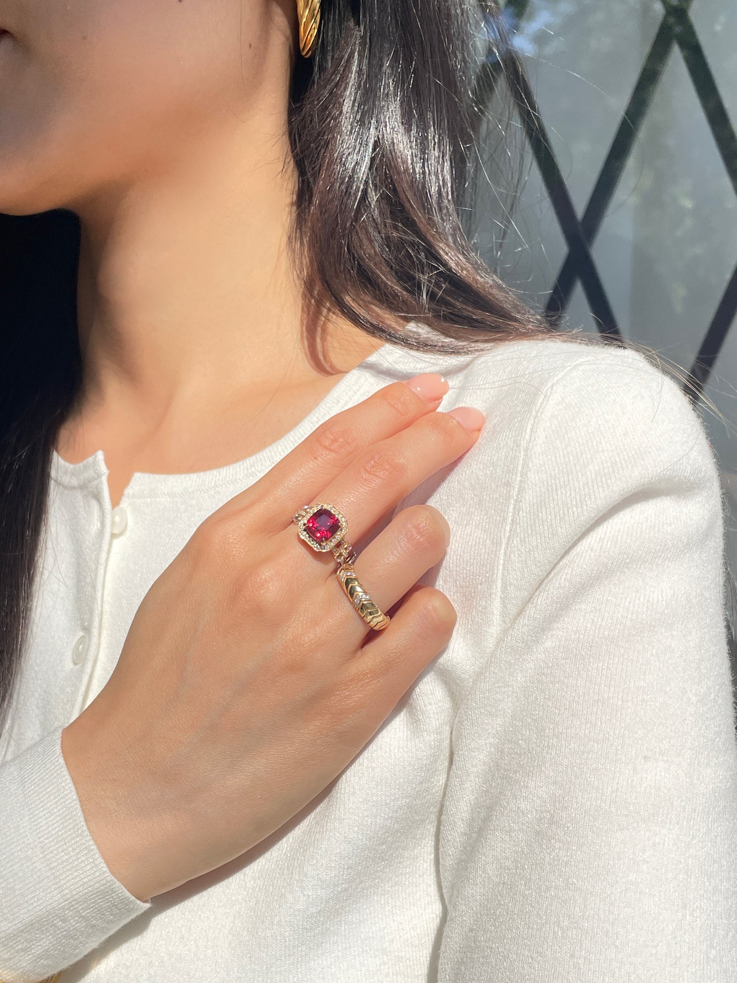 Cuba Link Band Ring-Red Spinel Diamond Halo
