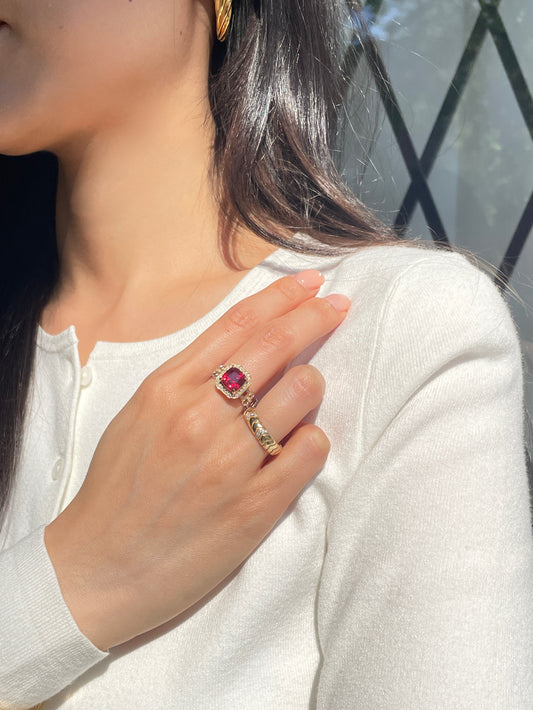 Cuba Link Band Ring-Red Spinel Diamond Halo