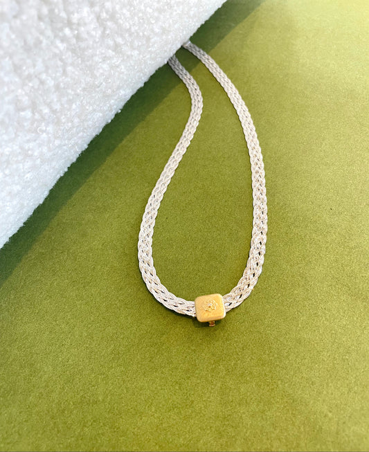 18K Braided Herringbone Chain & Brushed Gold Diamond Knot