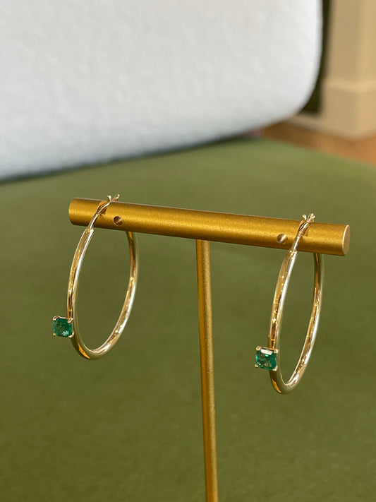 18K Gold Emerald 35mm Hoop Earrings