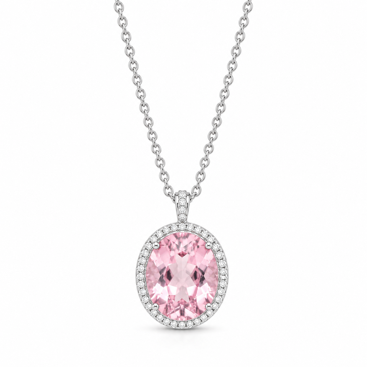 18K white gold pendant necklace featuring a large oval-cut natural pink tourmaline surrounded by a sparkling halo of natural diamonds, finished with a diamond-accented bail.