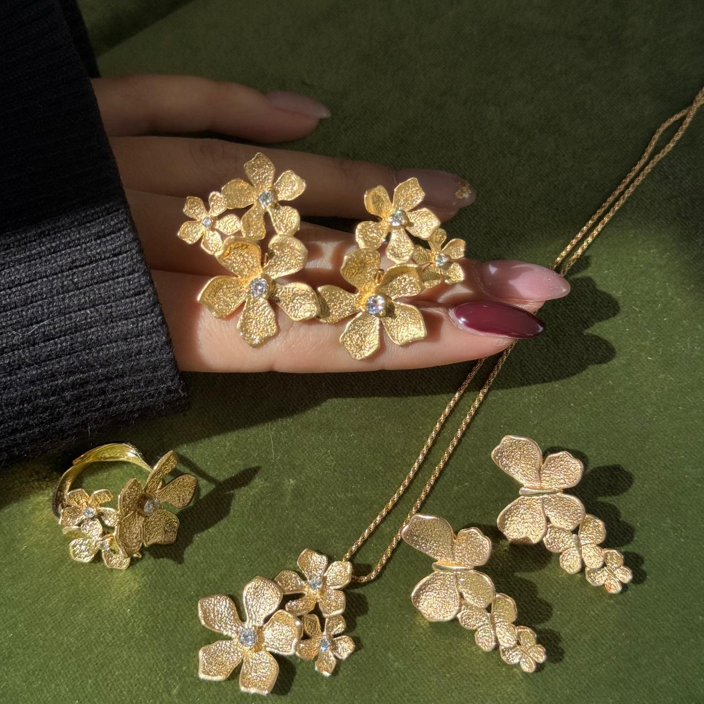 Fantasilvia_Golden_Trio_Bloom_Earrings_Italian_Gold_Brushed_Floral_Studs