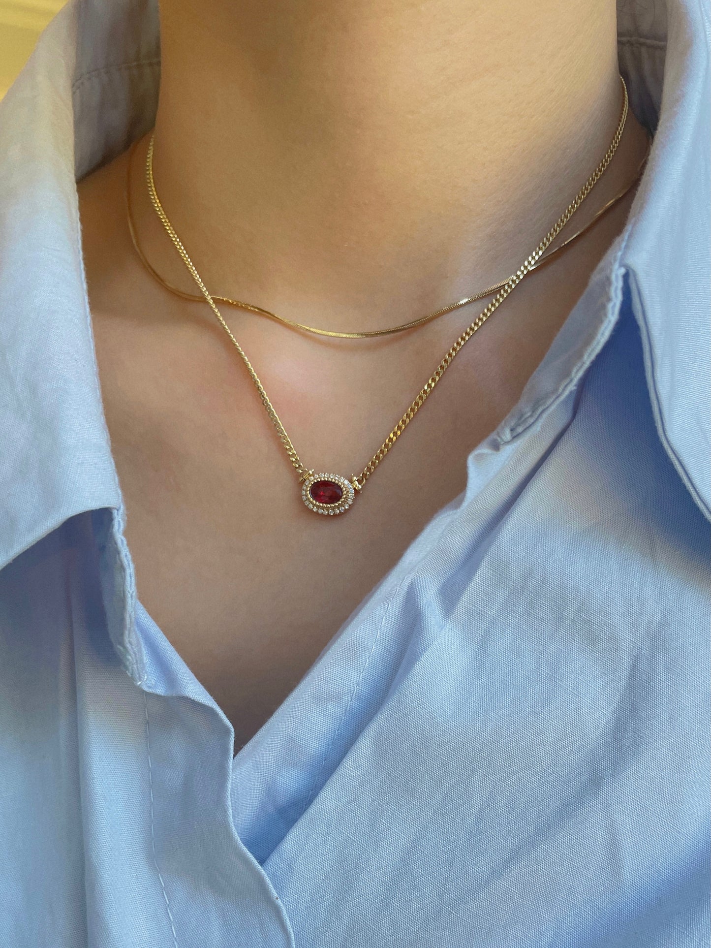 18K Cuban Link Necklace-Natural Ruby