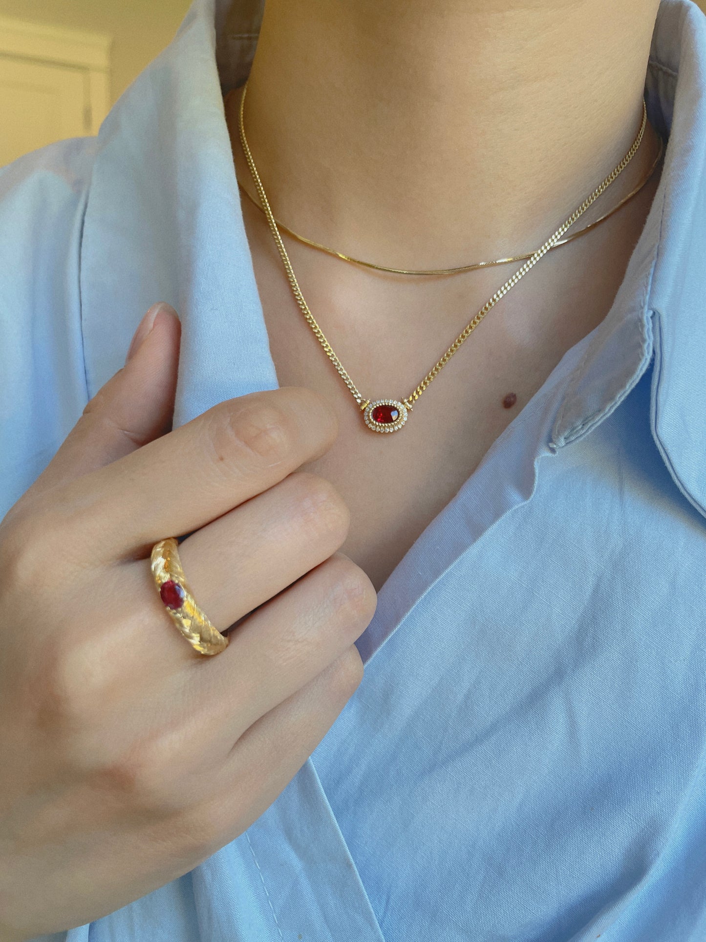 18K Cuban Link Necklace-Natural Ruby