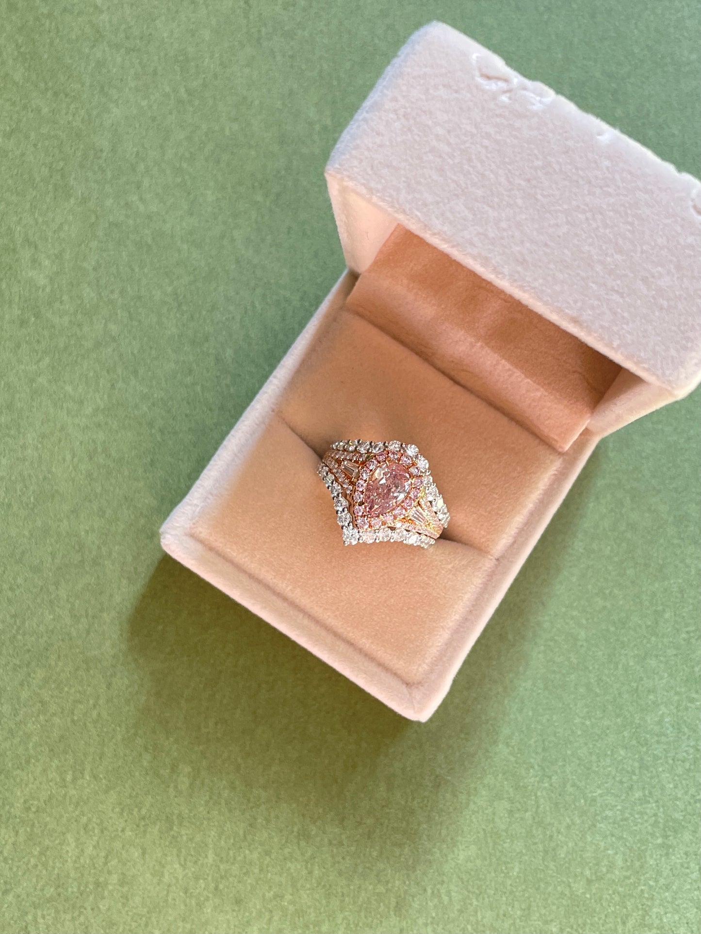 Pink Diamond Halo Ring Stacking Double Chevron Diamond Band