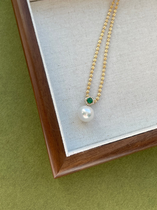 Pearl & Emerald Halo Drop Pendant