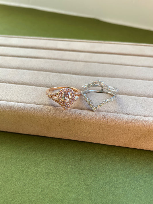 Pink Diamond Halo Ring Stacking Double Chevron Diamond Band