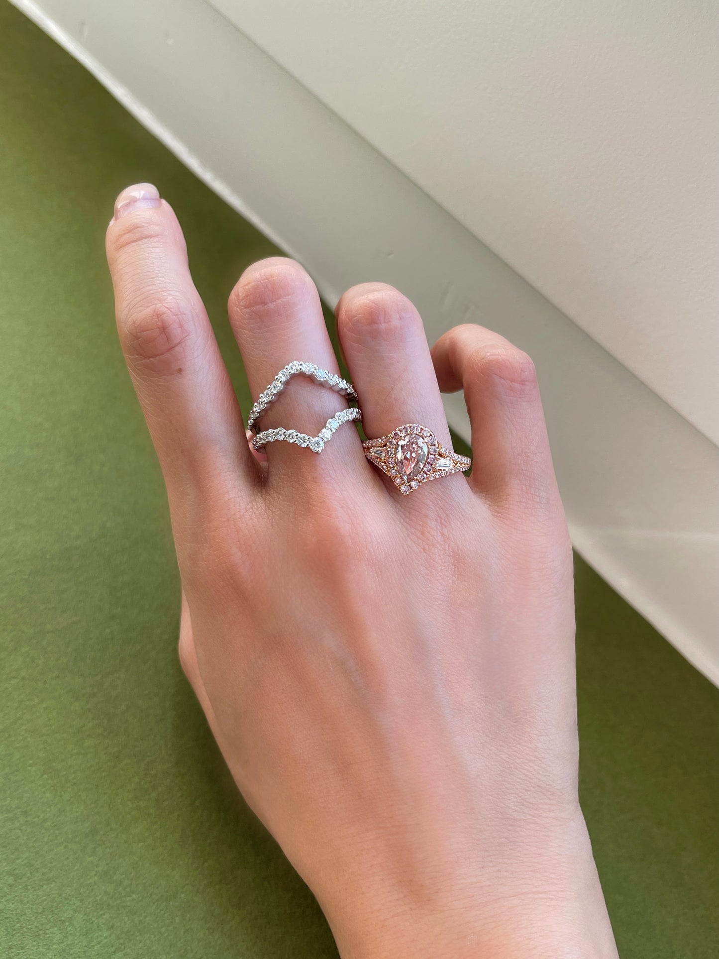 Pink Diamond Halo Ring Stacking Double Chevron Diamond Band
