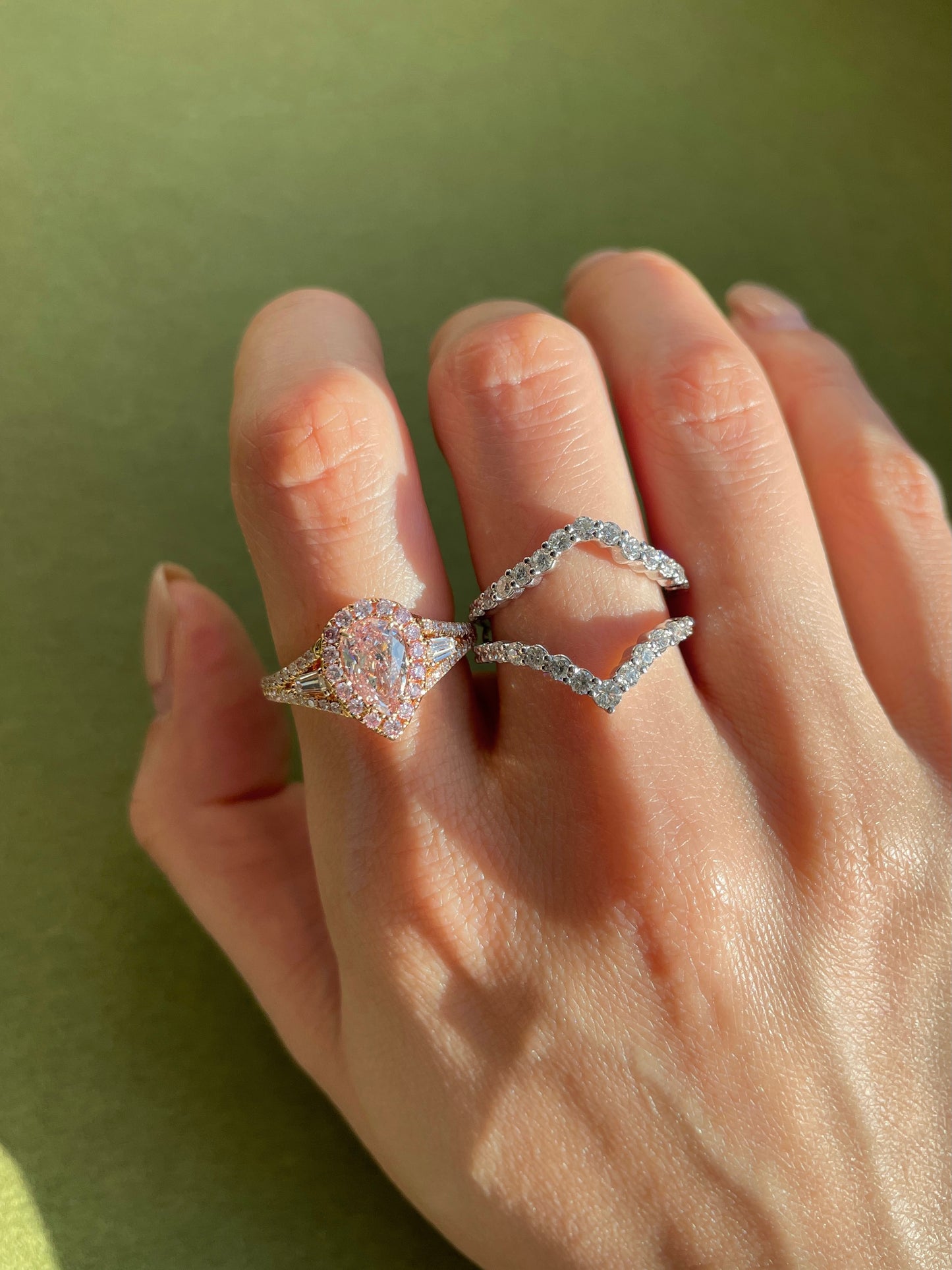 Pink Diamond Halo Ring Stacking Double Chevron Diamond Band