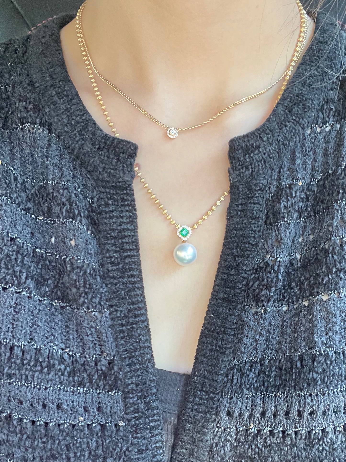 Pearl & Emerald Halo Drop Pendant